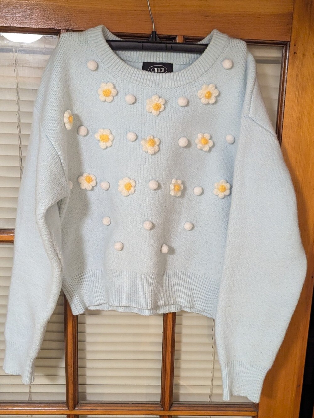Cider Light Blue Daisy Pom-Pom Sweater